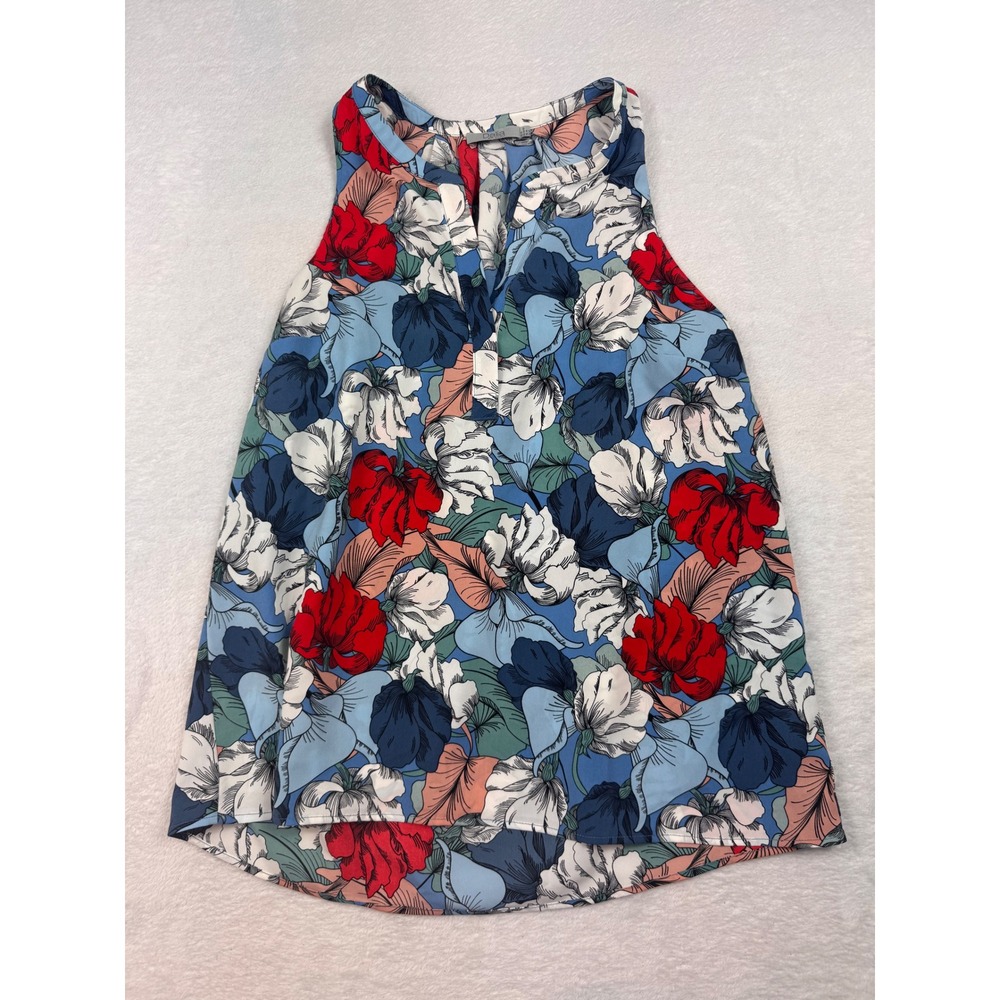 Dalia Womens Floral Sleeveless Blouse Blue Red Split V-Neck Top Size M MB9648